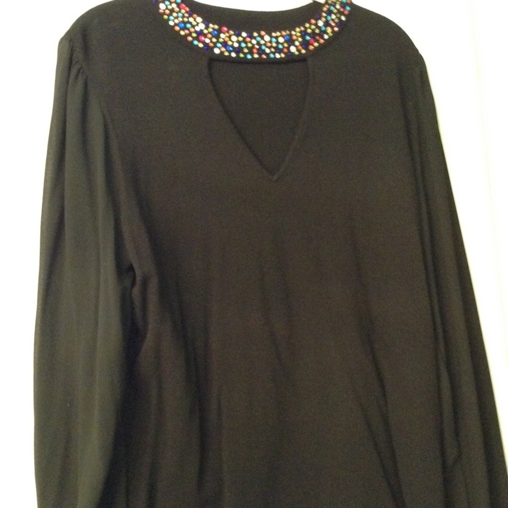 Black Sweater With Multicolor Sparkling Crystals Around the Whole Neck XL INC